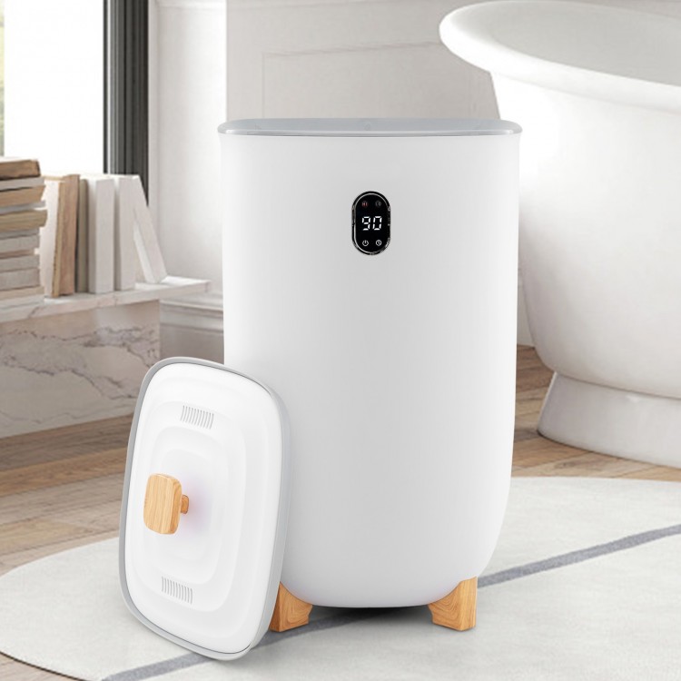 40L white towel warmer with wooden legs, LCD control panel, and dual fragrance disc holders for luxurious warmth.