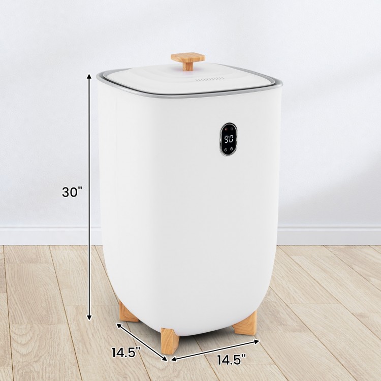 White 40L towel warmer with LCD display, wooden handle, and non-slip feet, perfect for heating towels and blankets.