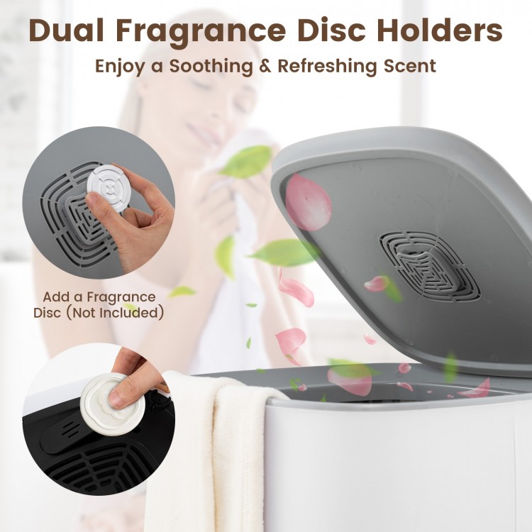 Dual fragrance disc holders on the 40L towel warmer, designed for soothing scents and luxurious warmth for towels.