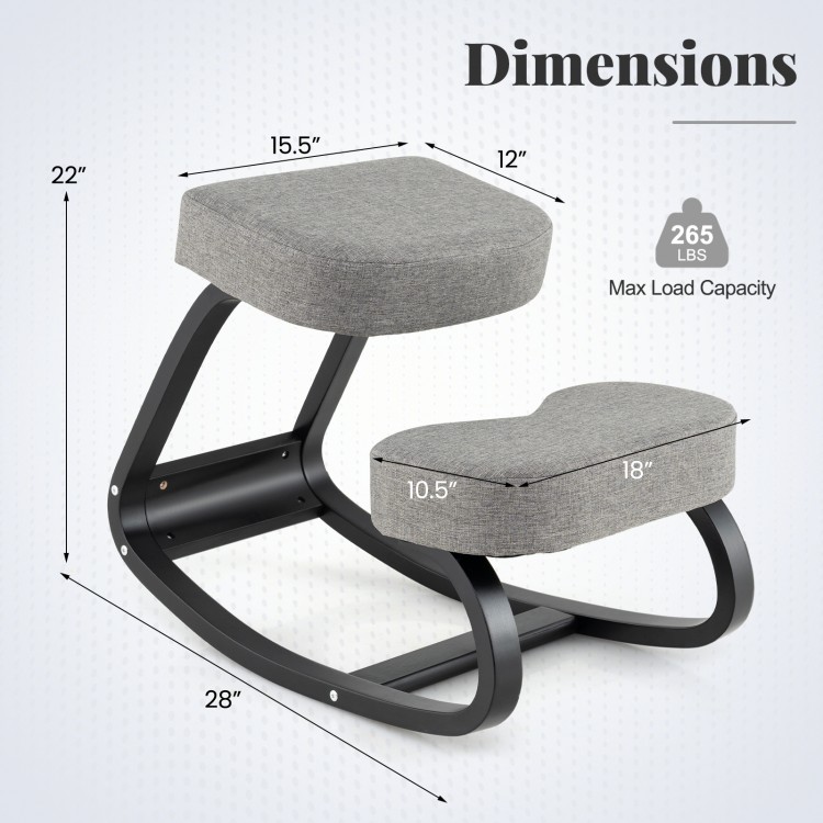 Wooden ergonomic rocking kneeling chair with padded grey cushion, featuring dimensions for active sitting and support.