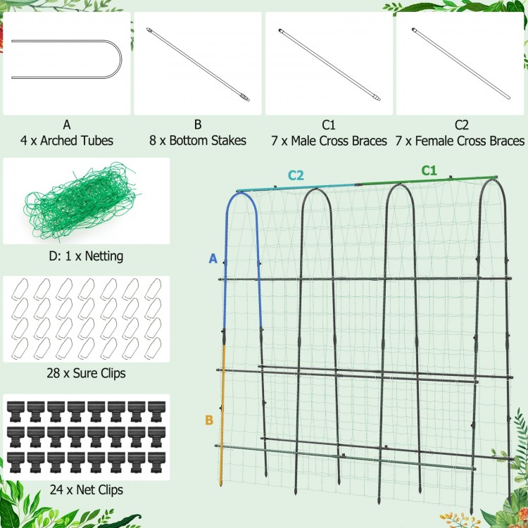 U-shaped garden trellis with PE-coated metal tubes and netting, ideal for supporting climbing plants and vegetables.