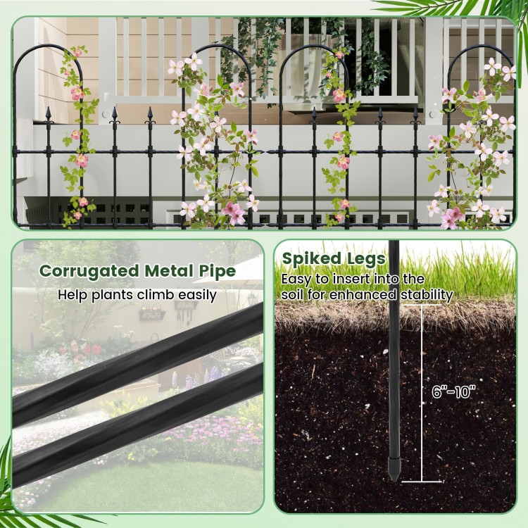 Outdoor garden rose arch trellis with spiked legs for stability, made of rustproof PE-coated metal, supports climbing.