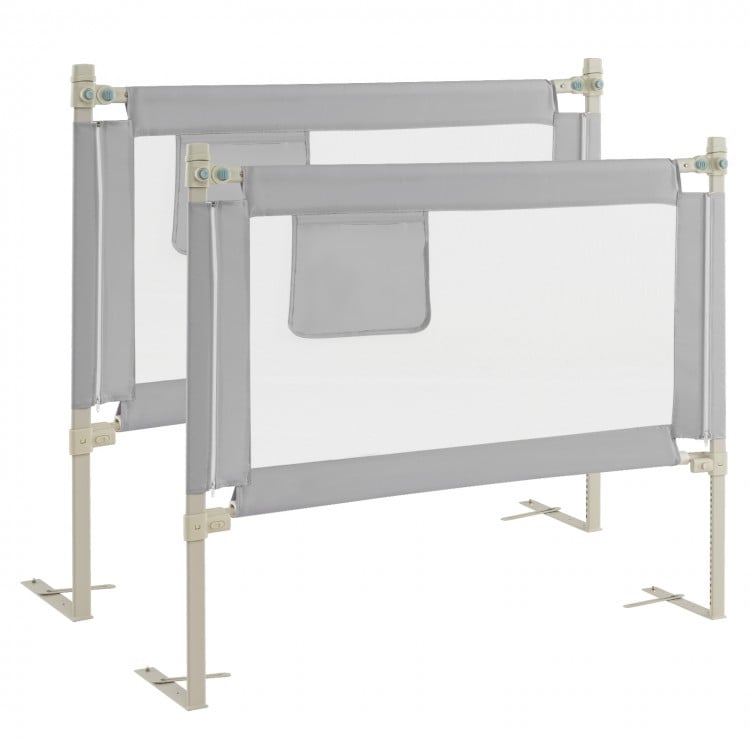 Toddler bedrail in gray with side pocket, featuring 24 adjustable heights for safety and convenience.
