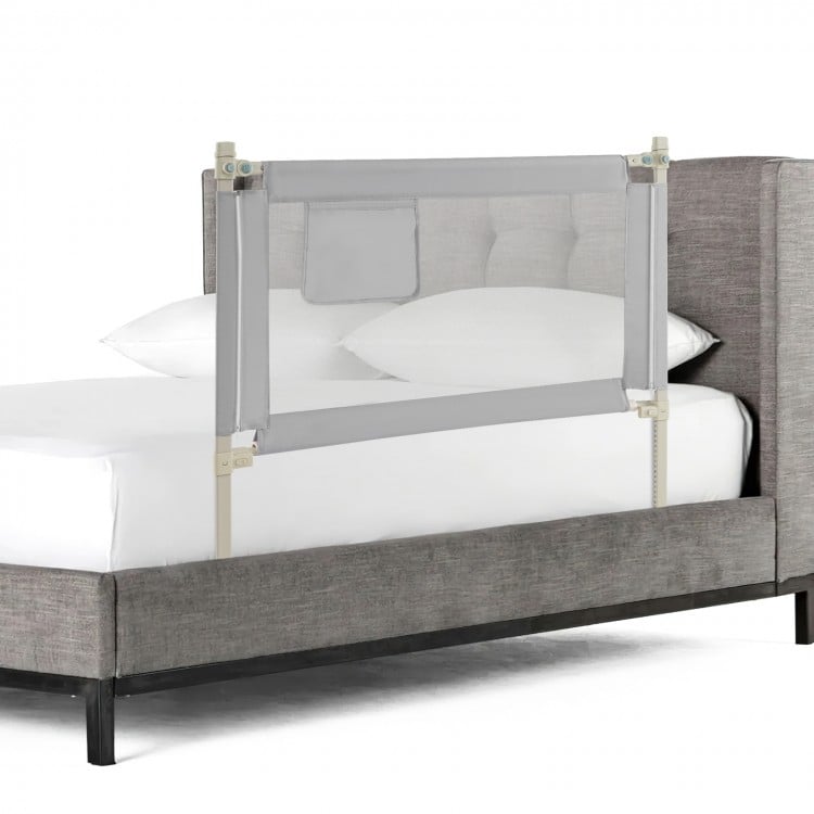 Toddler bedrail in gray with side pocket, adjustable to 24 heights, designed for safety and convenience on various bed.