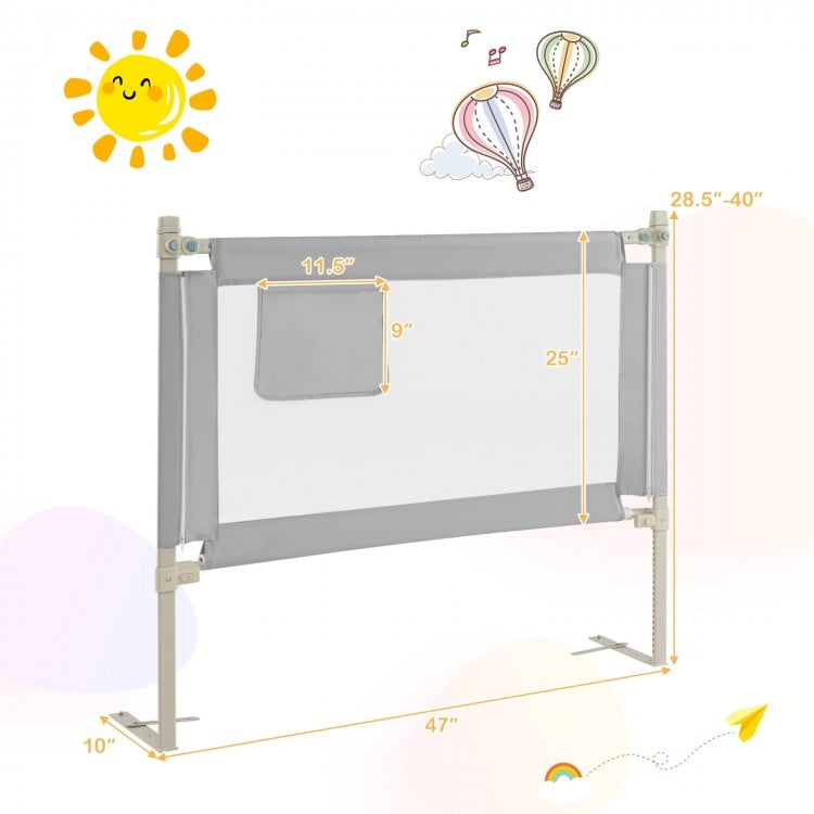 Toddler bedrail in gray with dimensions of 47" width and 25" height, featuring a safe seamless design for various beds.
