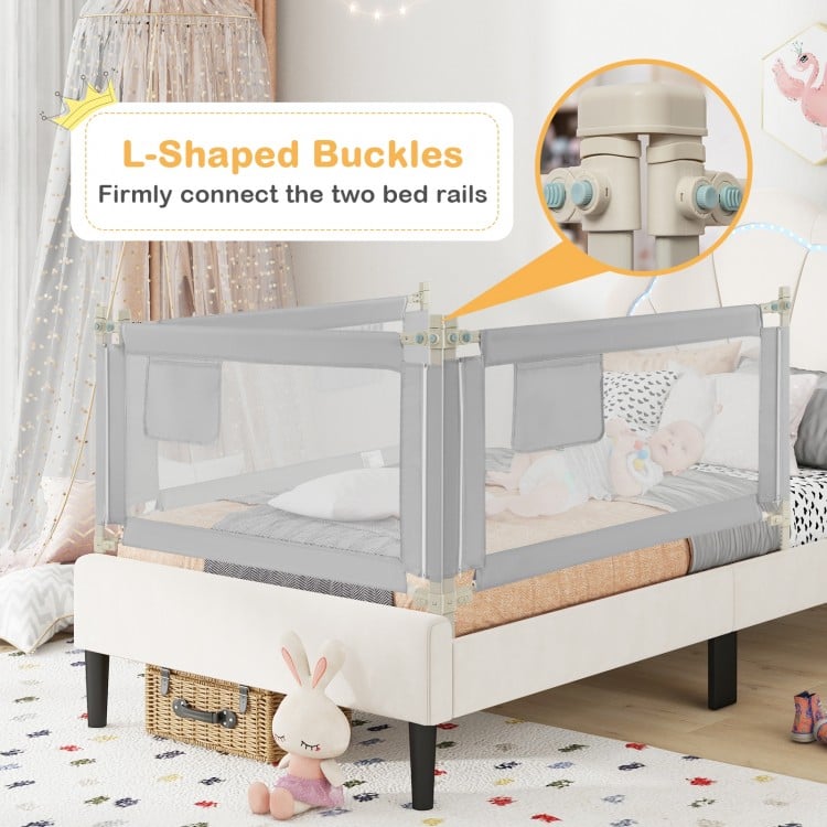 Toddler bedrail in gray with adjustable heights and side pocket, designed for safety and convenience in any bed type.