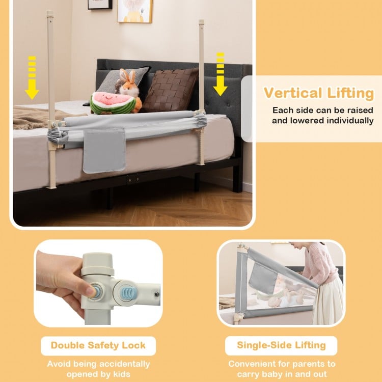 Toddler bedrail in gray with adjustable height, double safety lock, and side pocket for added convenience and storage.