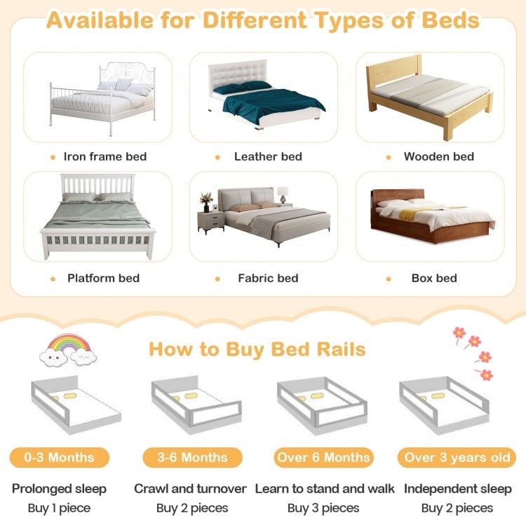 Toddler bedrail in gray with adjustable height, side pocket, and safety features for various bed types.
