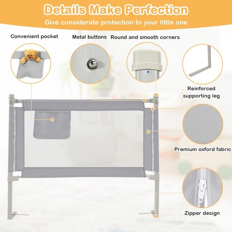Toddler bedrail in gray with side pocket, adjustable height, and safety features for secure sleep on various bed types.