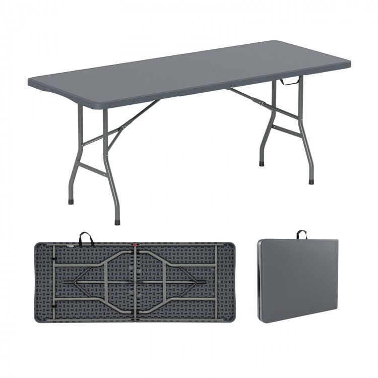 6 ft portable folding table with gray HDPE tabletop, sturdy metal legs, and convenient carrying handle for outdoor use.