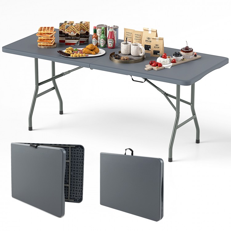Portable 6 ft folding table with HDPE tabletop, gray finish, ideal for picnics and indoor use, supports 350 lbs.