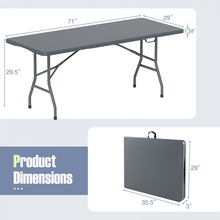 6 ft portable folding table in gray with HDPE tabletop, shown in open position with dimensions for versatile outdoor.