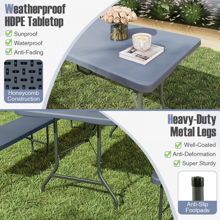 6 ft portable folding table with weatherproof HDPE tabletop and heavy-duty metal legs, ideal for picnics and camping.