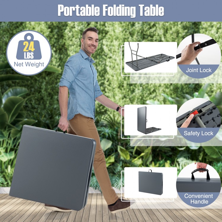 6 ft portable folding table with gray HDPE tabletop, carrying handle, and 350 lbs capacity for outdoor and indoor use.