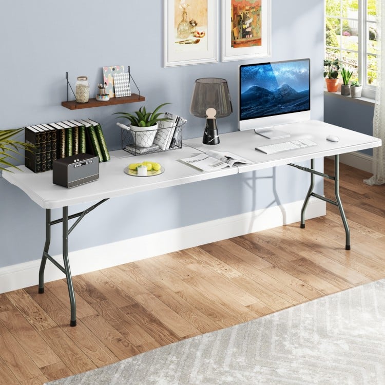 8 ft portable folding table with white HDPE tabletop, sturdy metal legs, ideal for picnics, camping, or indoor use.