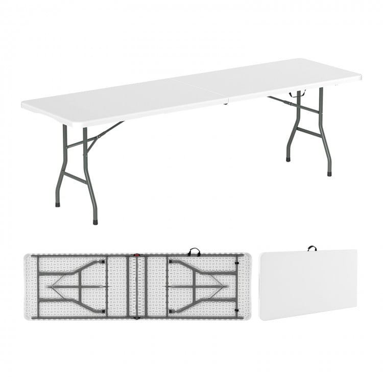 8 ft portable folding table with HDPE tabletop, honeycomb construction, and 350 lbs capacity, ideal for outdoor use.