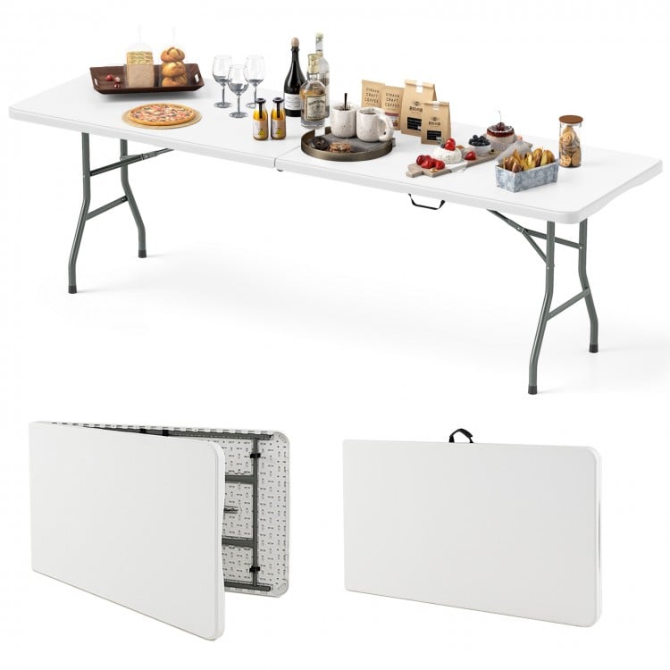 8 ft portable folding table with HDPE tabletop, showcasing food and drinks, ideal for picnics and gatherings.