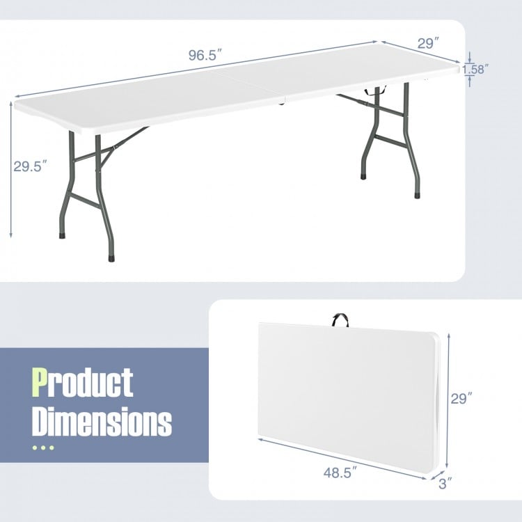 8 ft portable folding table with HDPE tabletop, featuring a fold-in-half design and sturdy metal legs for versatile use.