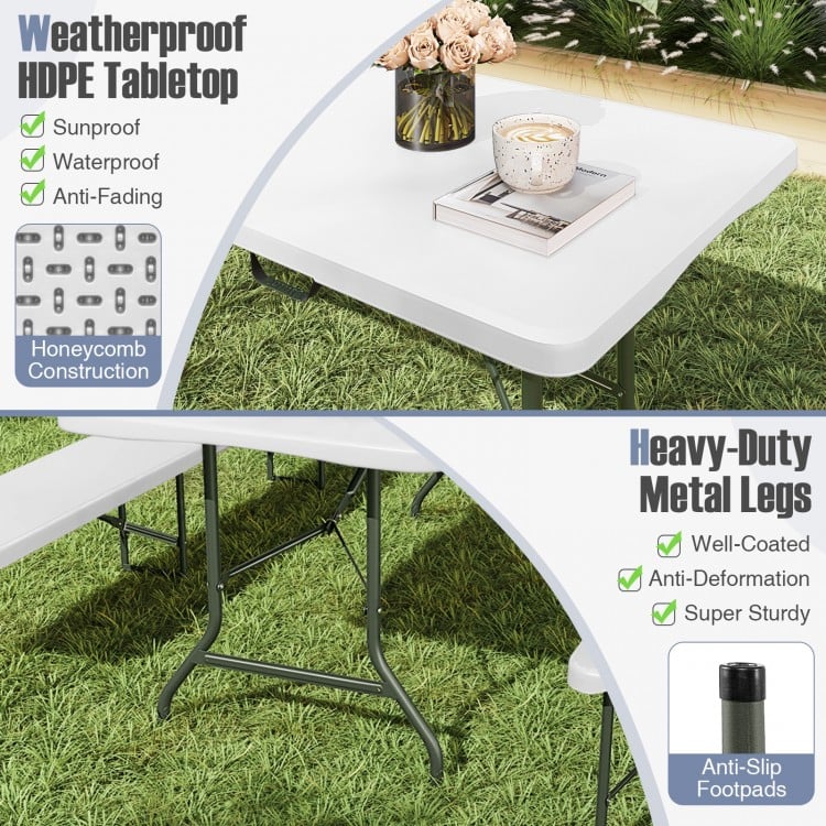 8 ft portable folding table with weatherproof HDPE tabletop and heavy-duty metal legs, ideal for outdoor picnics and.