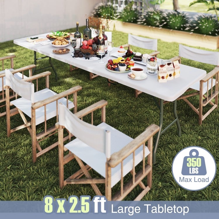 Large 8 x 2.5 ft portable folding table with HDPE tabletop, ideal for outdoor use, supports up to 350 lbs.