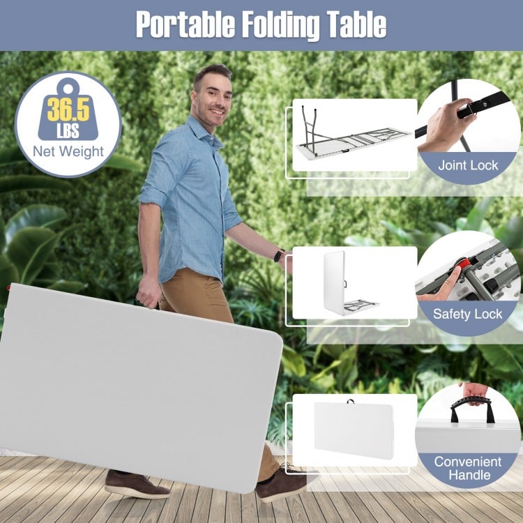 Portable folding table with white HDPE tabletop, carrying handle, and joint lock, ideal for picnics and camping.