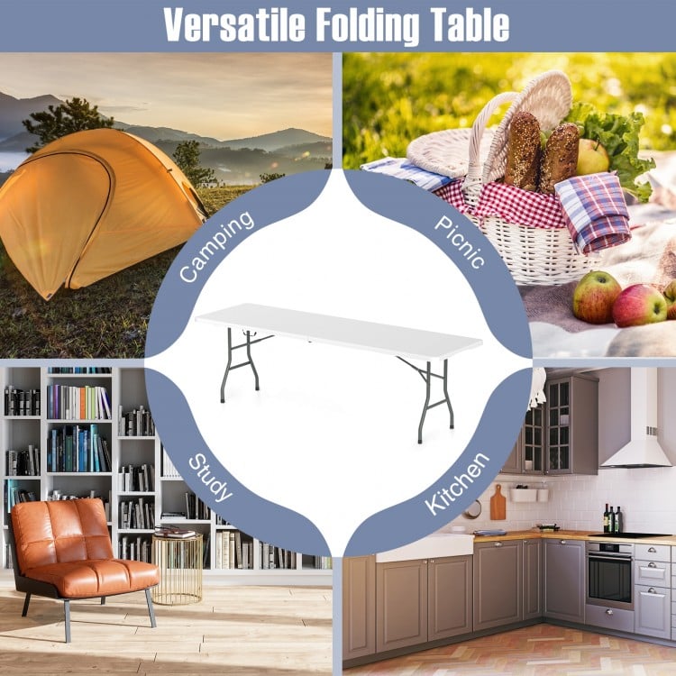 8 ft portable folding table with HDPE tabletop, ideal for camping, picnics, and indoor use, supports up to 350 lbs.