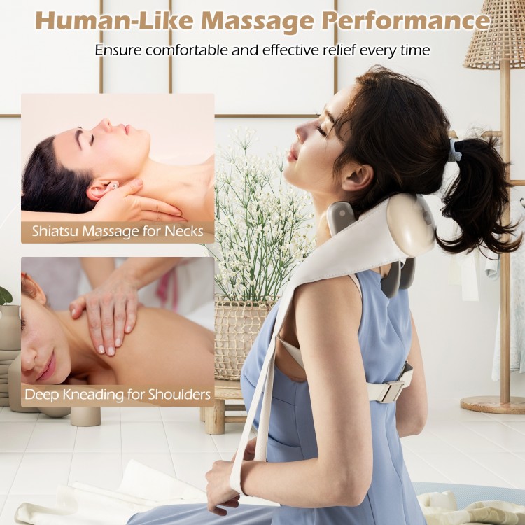 Neck shoulder massager in beige with adjustable straps, offering shiatsu massage and heat for pain relief at home or.