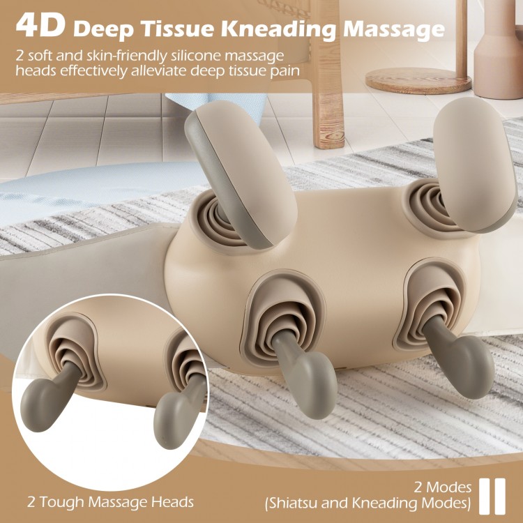 Neck shoulder massager in beige with 2 silicone massage heads, offering shiatsu and deep kneading for pain relief.