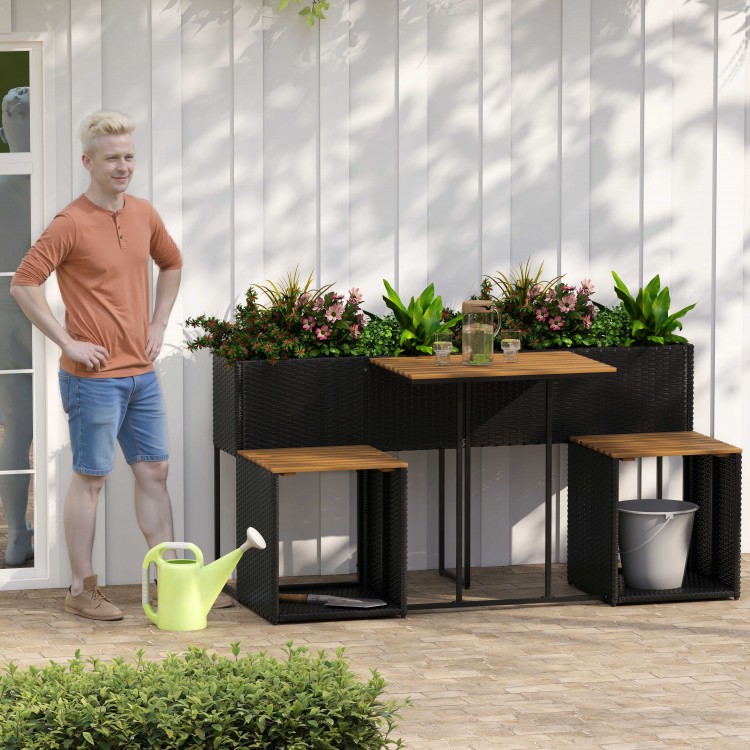 Patio furniture set featuring a raised garden bed, acacia wood, and integrated seats, perfect for outdoor spaces.