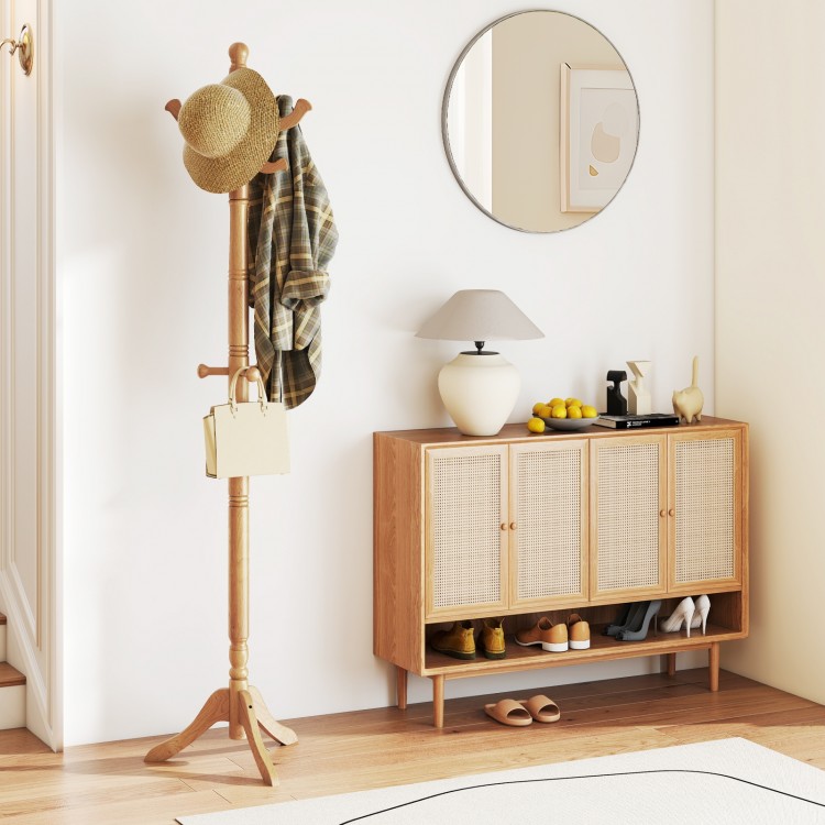 Solid wood hall tree with 11 hooks and vintage design, featuring a tri-legged base for stability in an entryway.