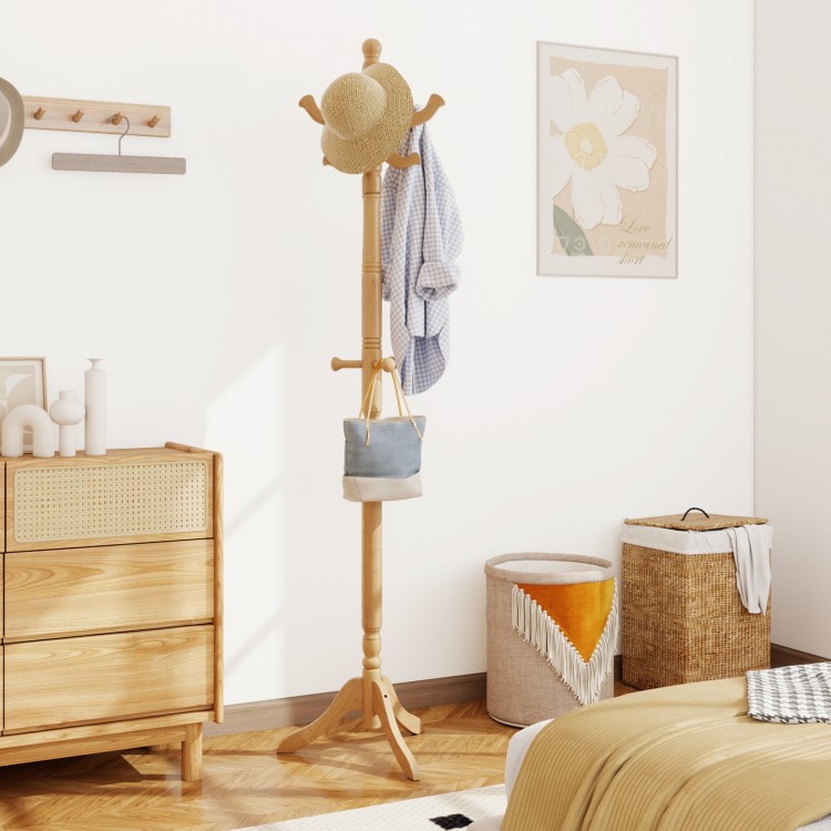 Solid wood hall tree with 11 hooks, vintage design, and 3 height options for stylish entryway organization.