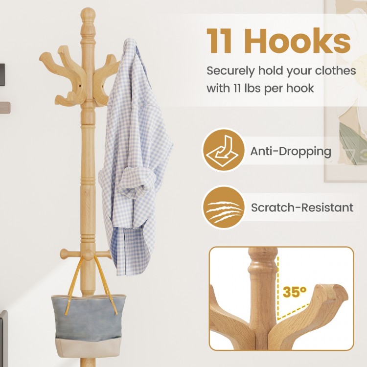 Solid wood hall tree with 11 angled hooks, 3 height options, and vintage design for stylish entryway organization.