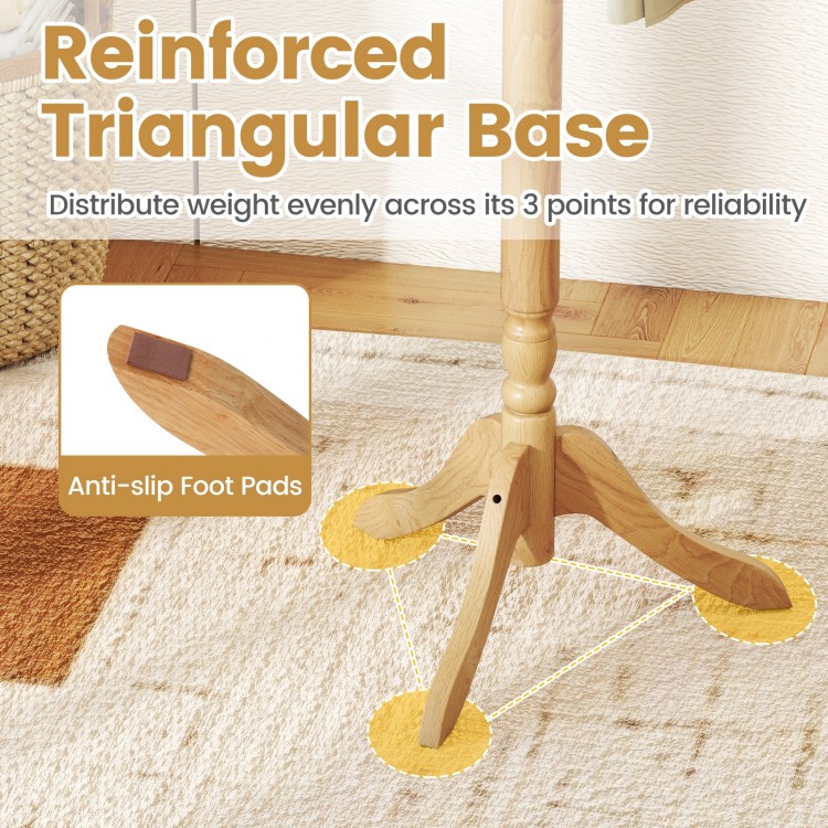 Reinforced triangular base with anti-slip foot pads for the solid wood hall tree, ensuring stability in entryways.