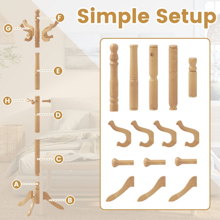 Solid wood hall tree components with 11 hooks and 3 height options for versatile entryway organization.