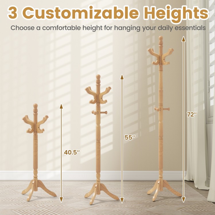 Solid wood hall tree with 11 hooks in three customizable heights for versatile entryway organization and style.
