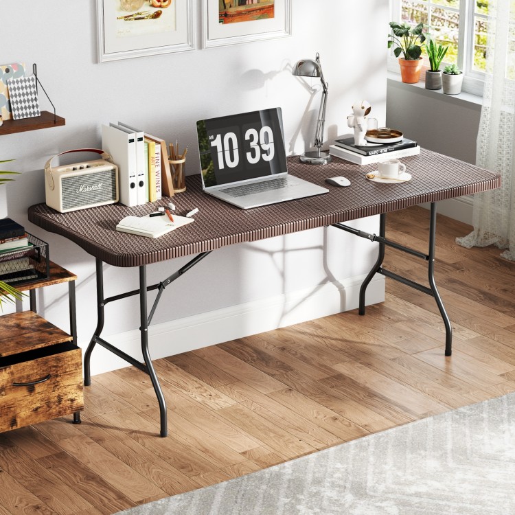 6 ft portable folding table with rattan-like HDPE tabletop, brown finish, ideal for outdoor picnics or indoor use.