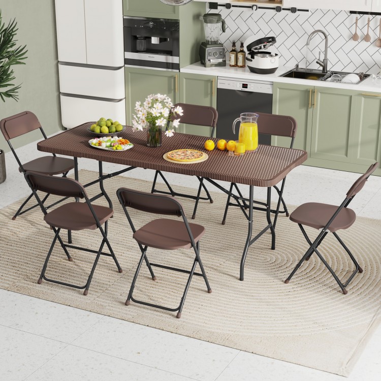 Portable 6 ft folding table with rattan-like HDPE tabletop, featuring a safe lock mechanism, ideal for outdoor.