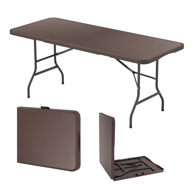 Portable 6 ft folding table with rattan-like HDPE tabletop, featuring a safe lock mechanism for outdoor use.