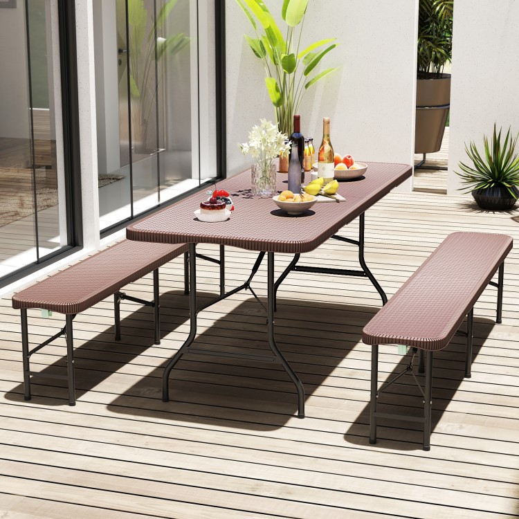 6 ft portable folding table with rattan-like HDPE tabletop, ideal for outdoor picnics and gatherings, featuring sturdy.