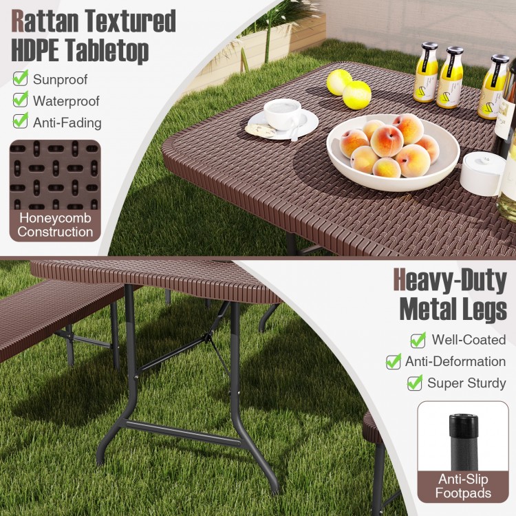 6 ft portable folding table with rattan-like HDPE tabletop and heavy-duty metal legs, ideal for outdoor picnics and.