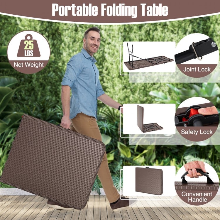 Portable folding table with rattan-like HDPE tabletop, featuring a safety lock and convenient carrying handle for easy.