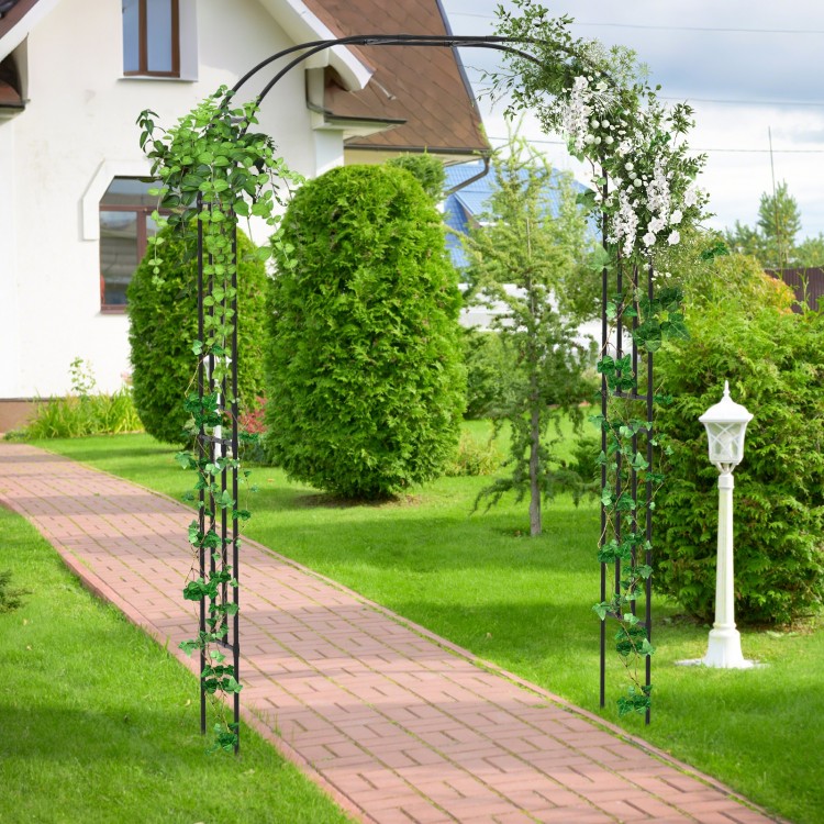 Outdoor metal garden arch trellis with climbing plants, ideal for weddings or as a decorative entrance in your yard.