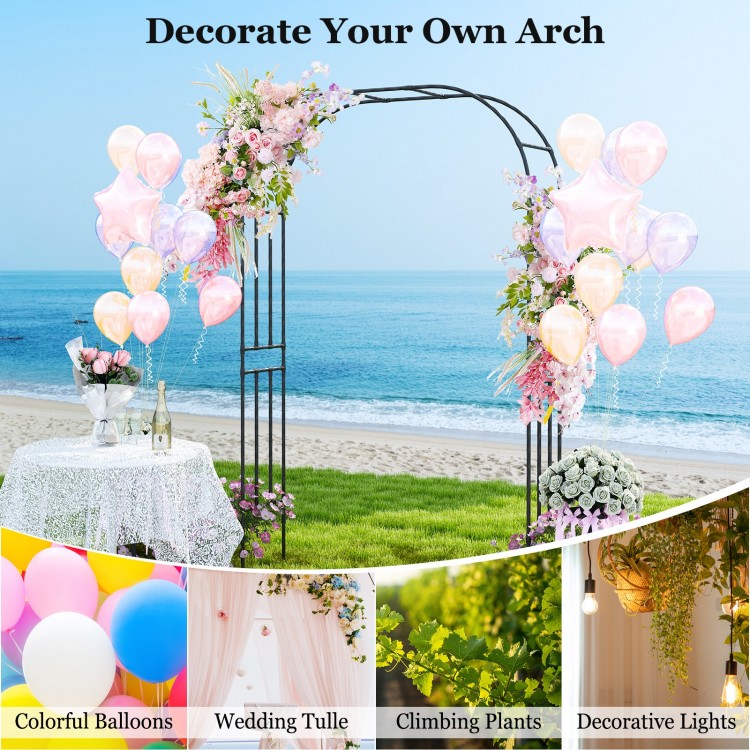Outdoor metal garden arch trellis for climbing plants, decorated with balloons and flowers, ideal for weddings and.