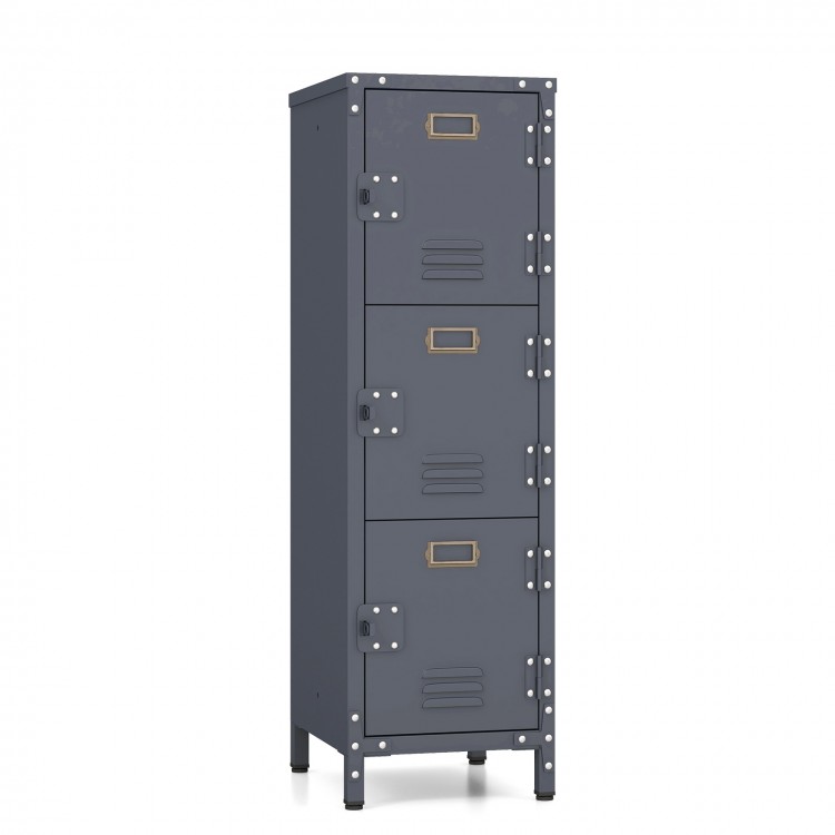 Metal storage locker with three compartments, featuring louver doors for ventilation and adjustable feet for stable.