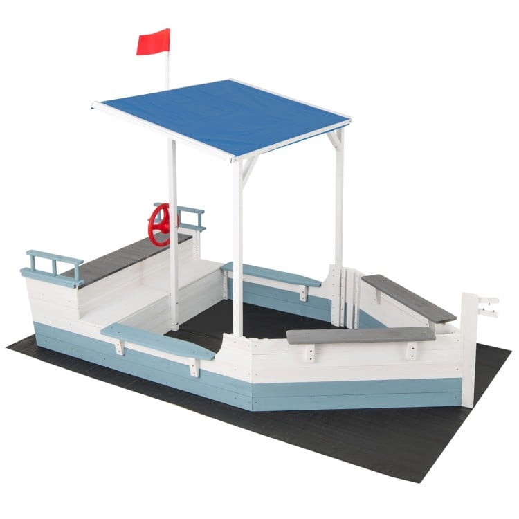 Pirate ship sandbox with canopy, bench seats, and storage compartments, perfect for backyard play and shade.