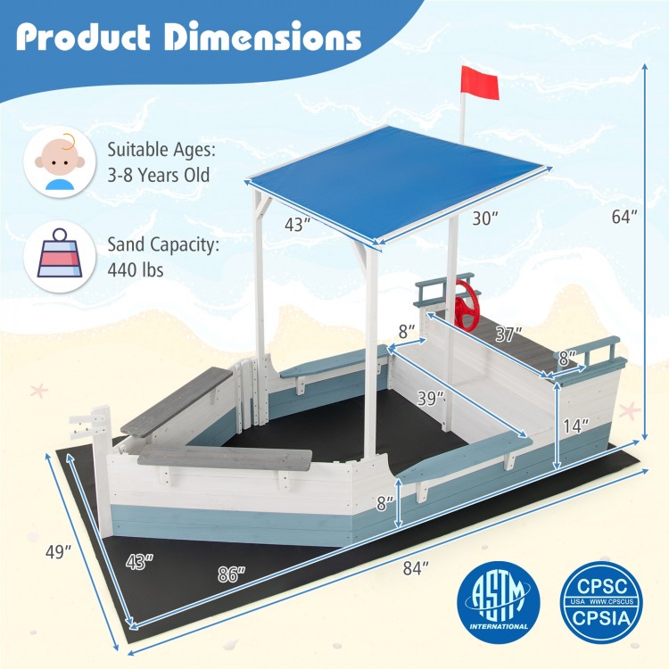 Pirate ship sandbox with canopy, bench seats, and storage compartments, designed for kids aged 3-8 years for backyard.