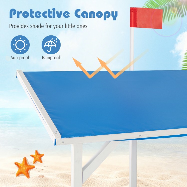Pirate ship sandbox with protective blue canopy, built-in bench, and storage compartments for backyard play.