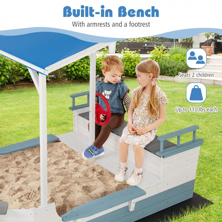 Pirate ship sandbox with canopy featuring a built-in bench, armrests, and footrest, perfect for backyard play.