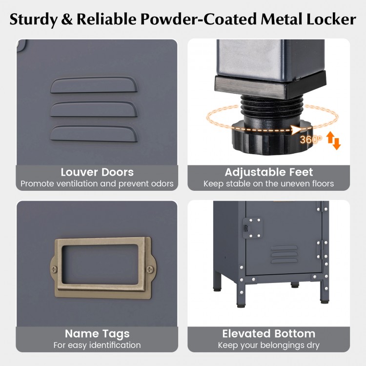 Metal storage locker with three lockable doors, adjustable feet, and louver doors for ventilation, ideal for various.