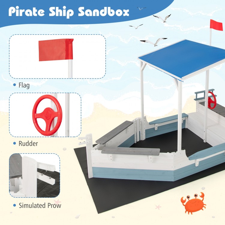 Pirate ship sandbox with blue canopy, built-in benches, and storage compartments for backyard play.